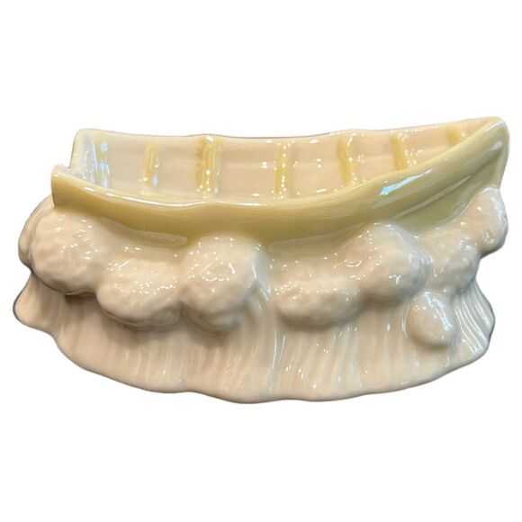 Vintage Belleek Porcelain Cream/Yellow Boat Salt Trinket Dish~7th Brown Mark - Picture 1 of 8